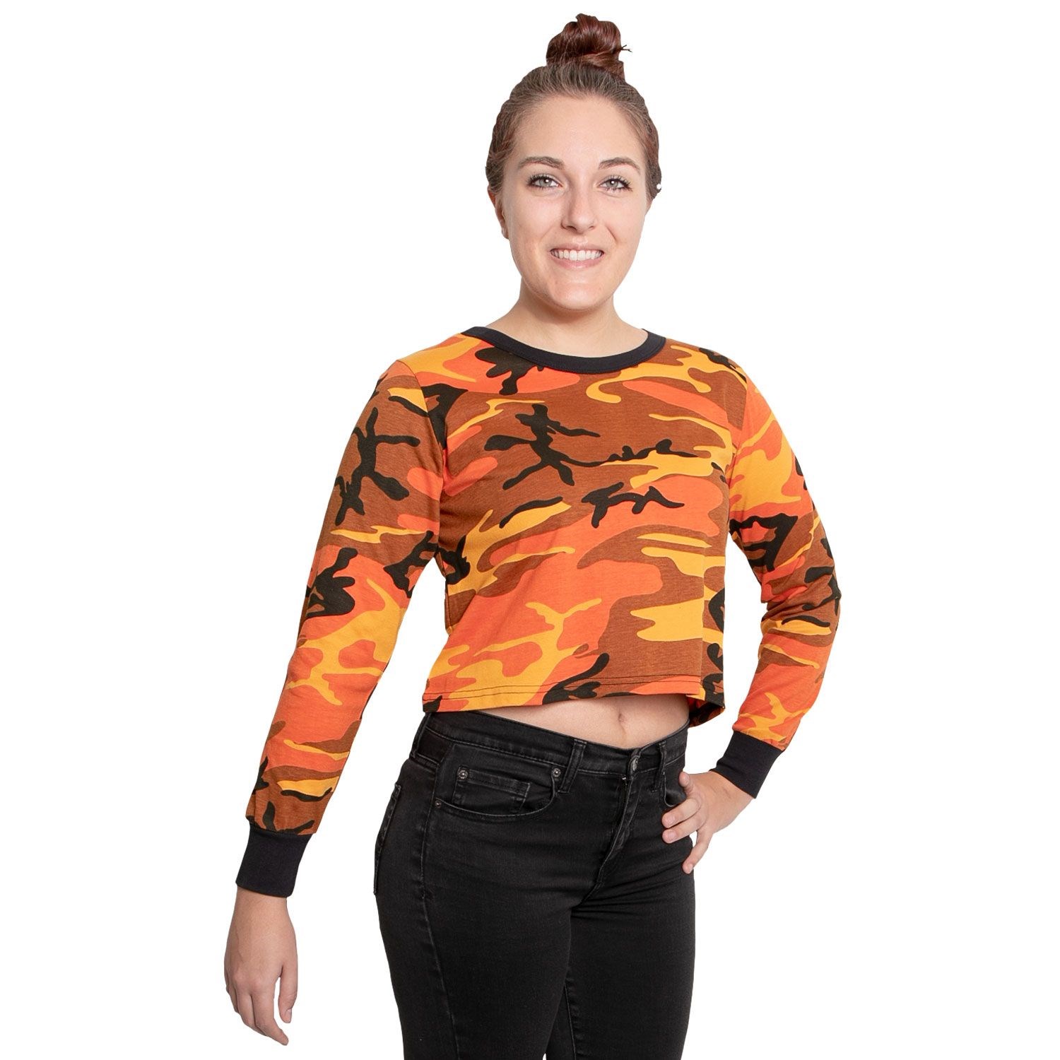 Triko dámské krátké CROP dlouhý rukáv ORANGE CAMO vel. S
